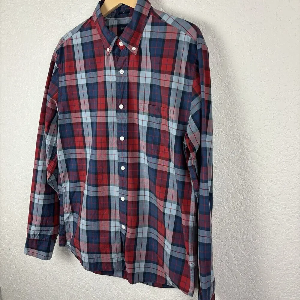 J Crew Red Blue Plaid Men’s Button Up Shirt Size Large Slim Business Preppy Work